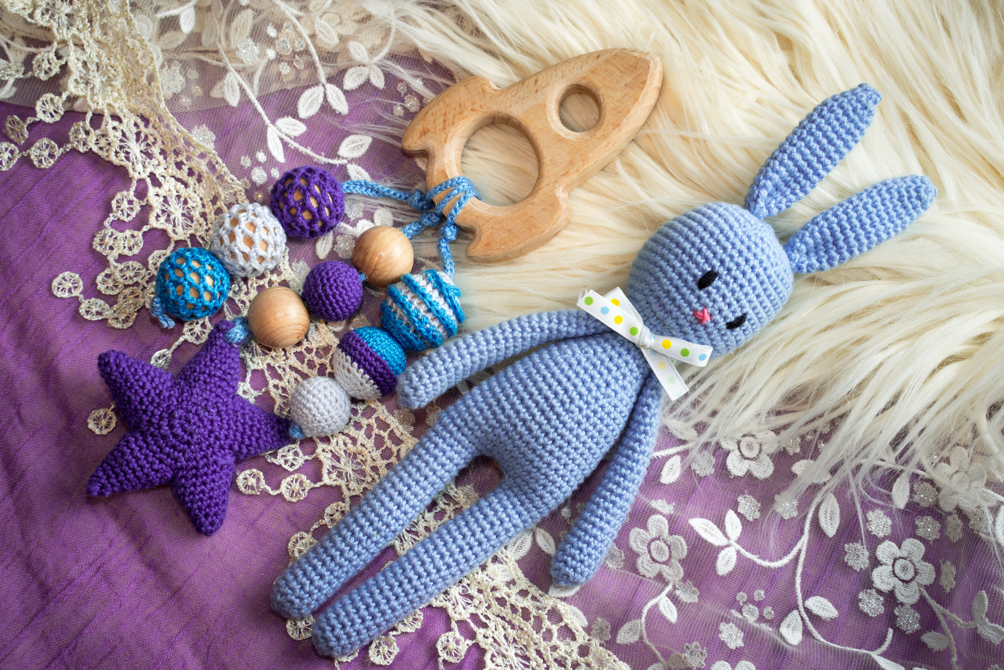 Rabbit amigurumi and wooden spaceship necklace
