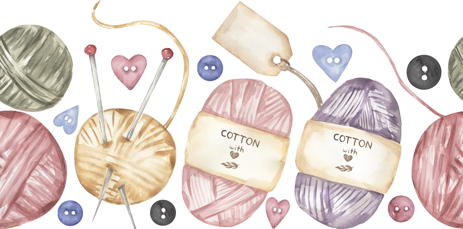 Hand-drawn watercolor knitting elements seamless border frame clipart. crafts and Hobbies repeat border illustration, needles