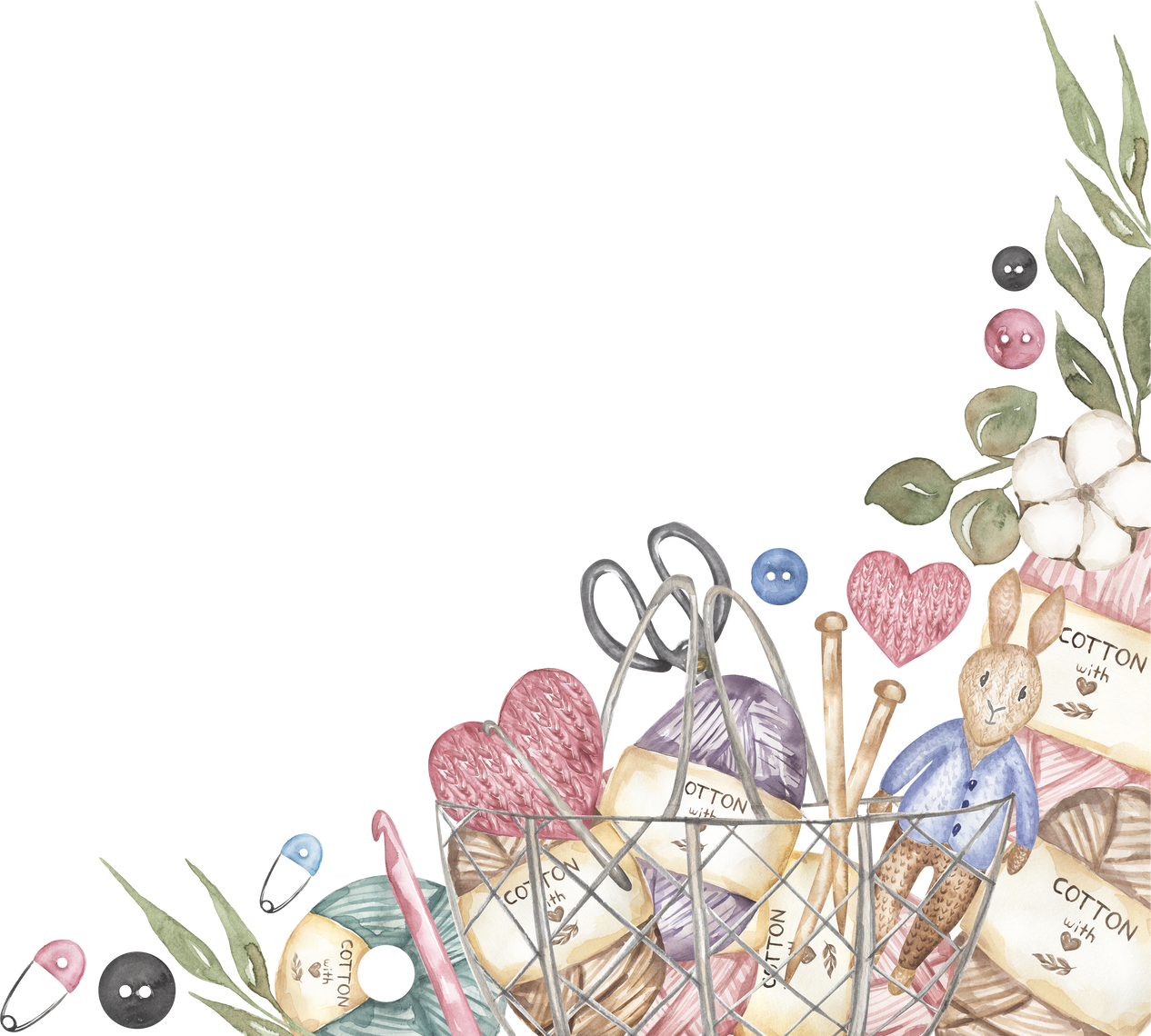 Hand-drawn watercolor knitting elements corner border frame clipart. crafts and Hobbies border illustration, needles